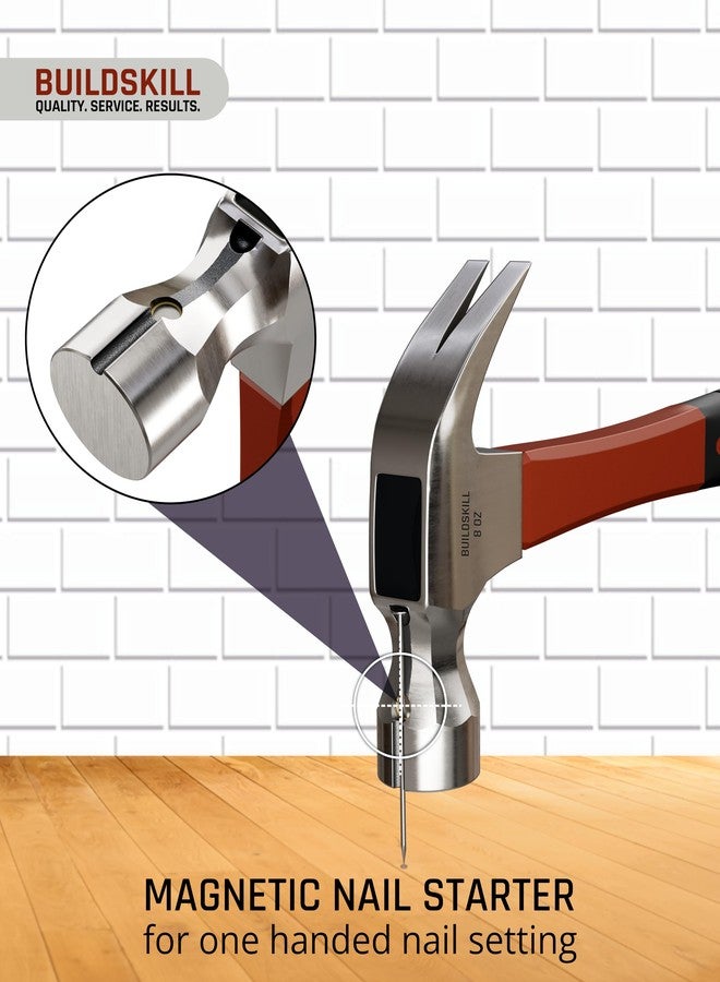 BUILDSKILL مطرقة Buildskill بوزن 8 أونصات، رأس من الفولاذ المطروق لمتانة وقوة فائقتين، مقبض من الألياف الزجاجية، أدوات نجارة، مزودة بطرف مغناطيسي لسهولة الاستخدام، رأس مزدوج (مخلب ورأس مسطح) - Image 5